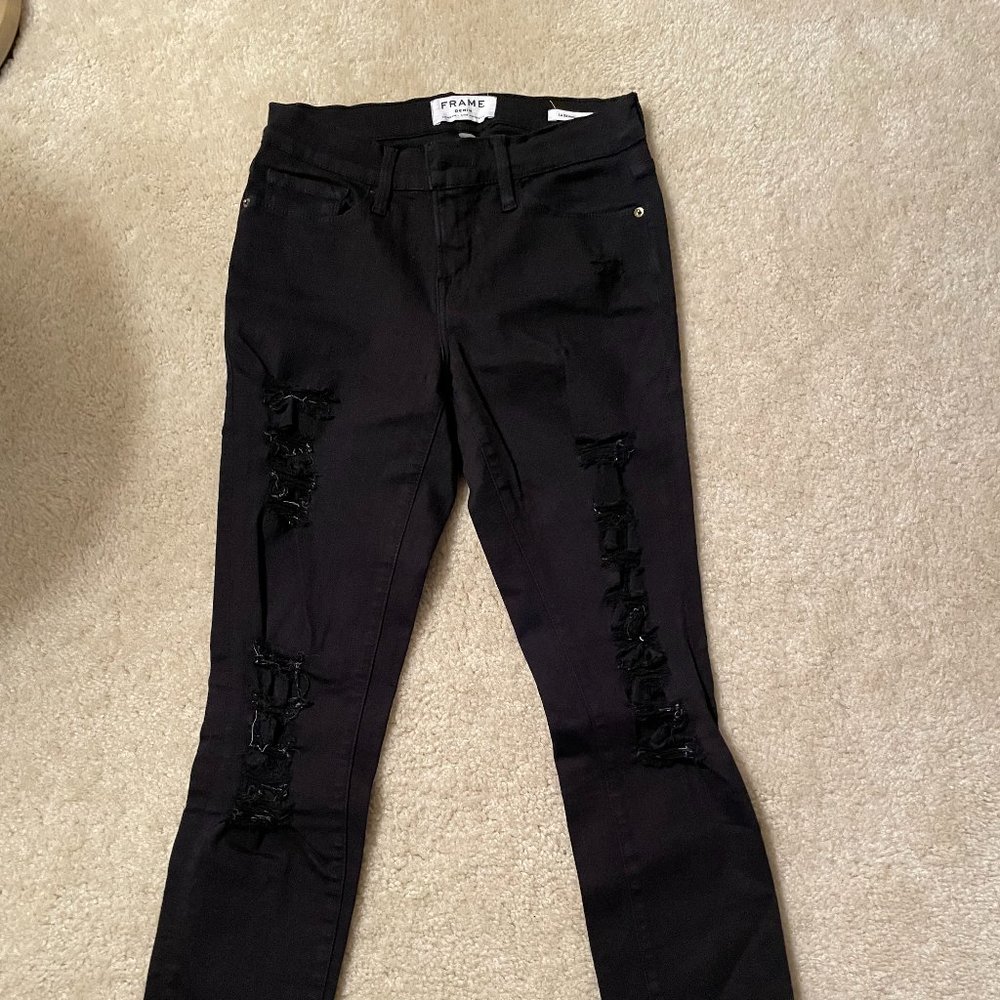 Frame Denim Le Skinny de Jeanne Distressed Slim Stretchy Black Jean Size 26